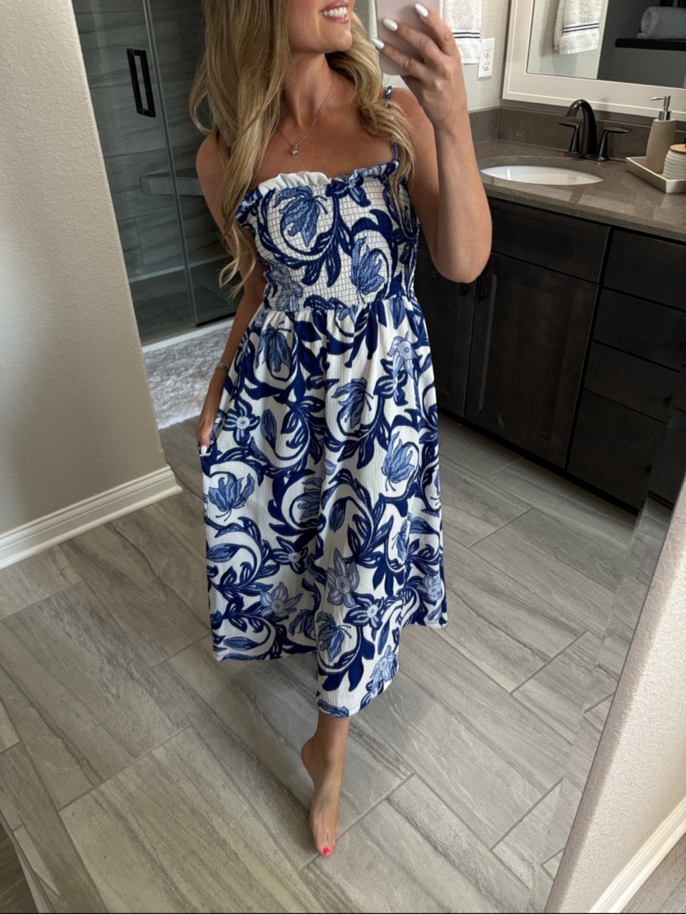 H&M Blue & White Floral Smocked Strapless Midi/Maxi Dress